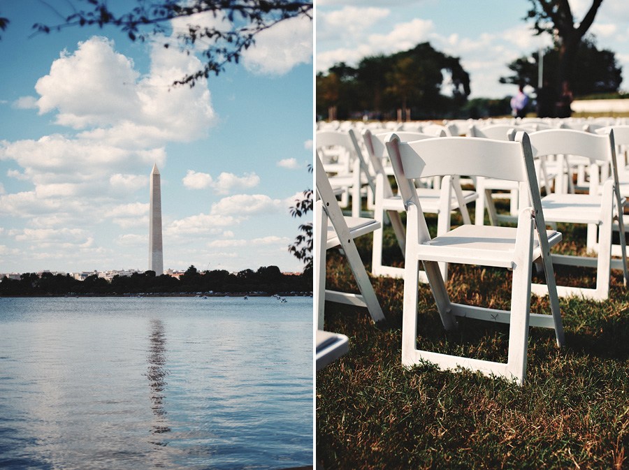 Picture of chairs set up for a wedding in front of the Washington Monument taken by Washington DC Wedding Photographer