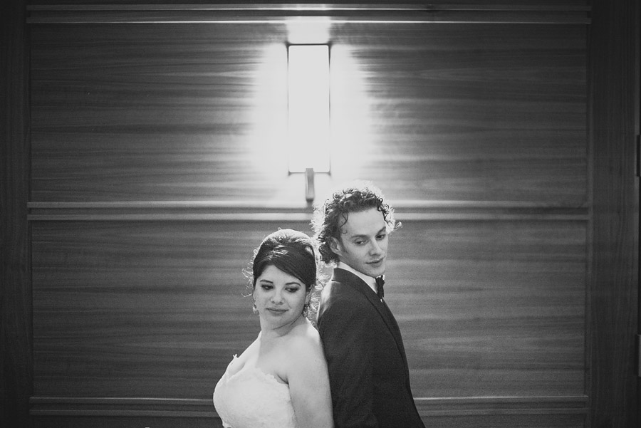 dramatic black and white portrait of wedding couple