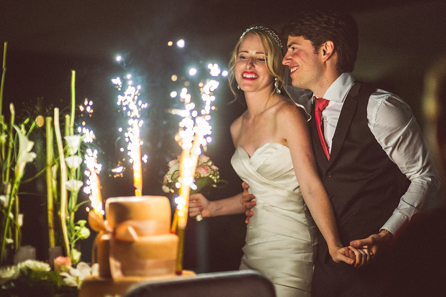 first cake cutting with fireworks