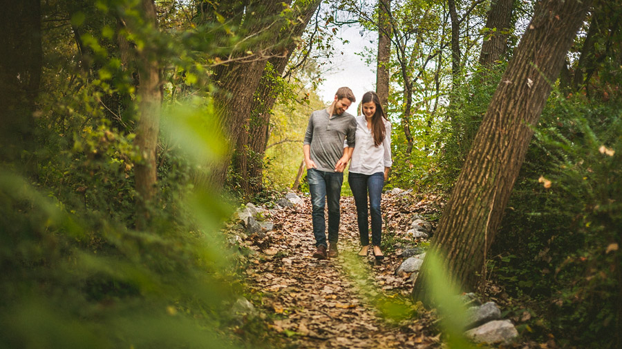 couple walking in the woods