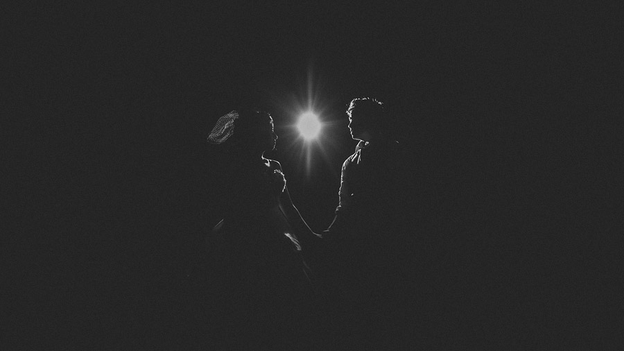 black and white of night portrait of bride and groom