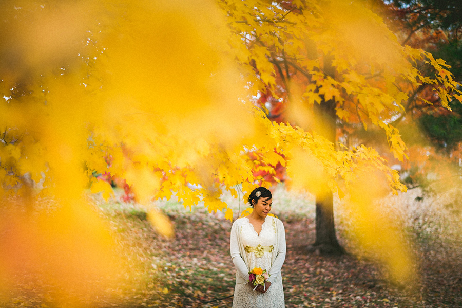 bridal portrait in fall leaves