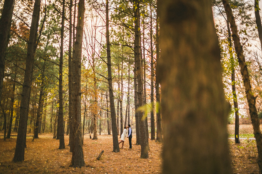 bride and groom in dense baltimore trees