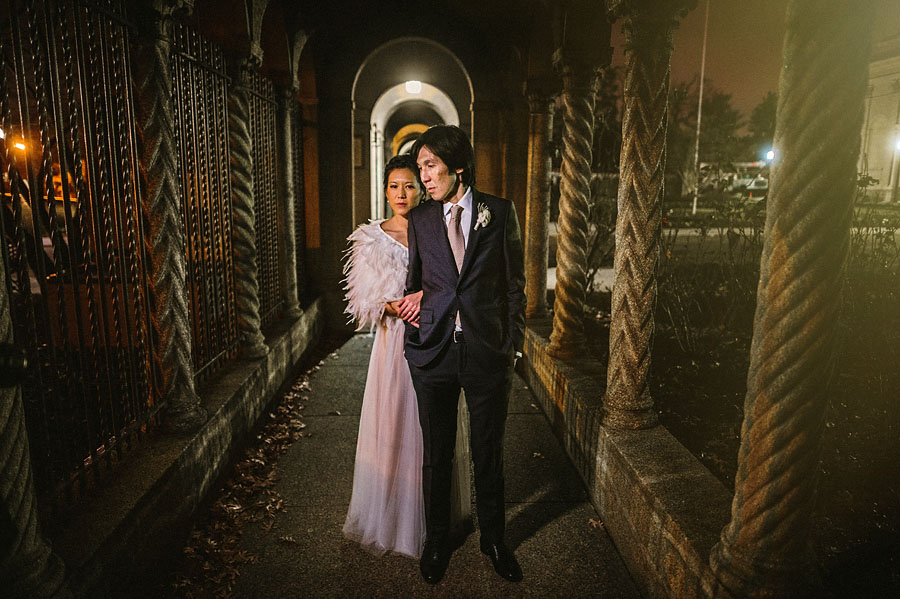 dramatic bride and groom at night