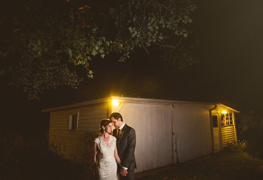 night portrait of bride and groom