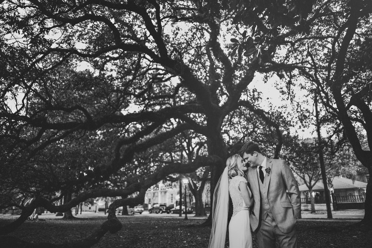 14 oak trees in new orleans park with wedding couple