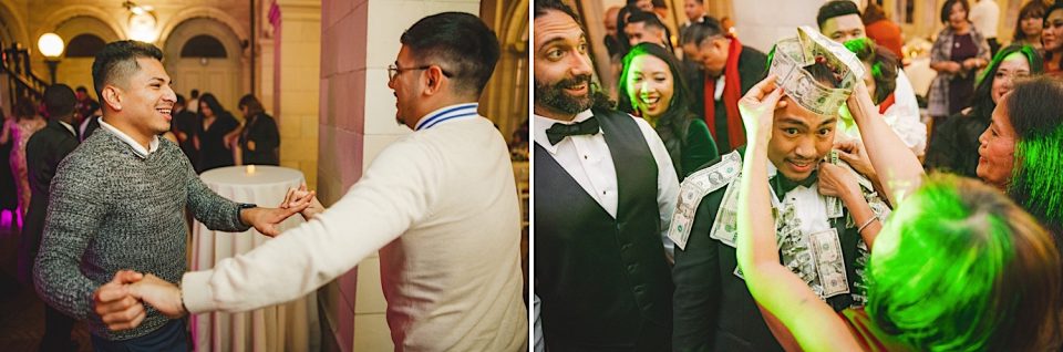 Two images at events: on the left, two men shaking hands and smiling at a NYC wedding; on the right, a man smiling as money is placed on his head during a celebration in Central Park.