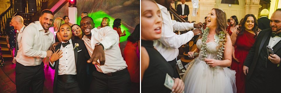 Left: Four men in formal wear smiling and posing at a NYC wedding. Right: A bride laughing while dancing, surrounded by guests in a festive setting at an Ash + John Boathouse NYC Wedding.