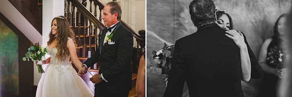 Two-part image: on the left, a bride holding hands with her father as they descend a staircase at the Ash + John wedding; on the right, a bride embraces an older man in a heartfelt hug.