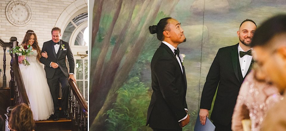 Bride descending stairs with father as groom eagerly awaits at the altar, both scenes in a warmly lit venue with elegant decor at Ash + John Boathouse NYC Wedding.