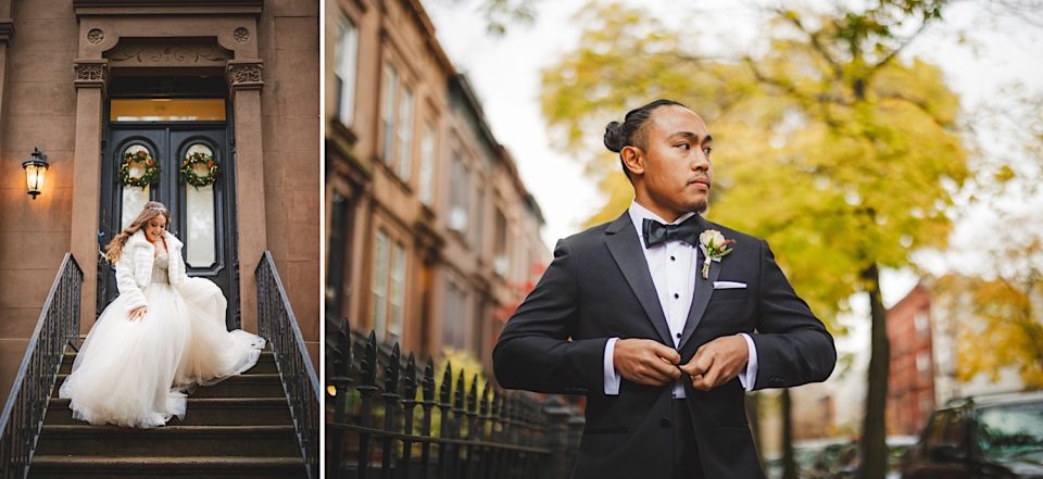 Bride sitting on steps of a brownstone building in NYC with groom standing in front, adjusting his cuff links, surrounded by autumn foliage.