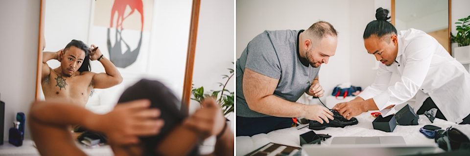 Two-part image: Left - a man ties his hair in a mirror; Right - a man and woman examine wedding fabric samples on a table.