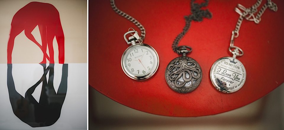 Split image: left side depicts a red abstract sculpture shaped like a stylized human, the right displays three pendant watches on chains against a red backdrop at an NYC Wedding.