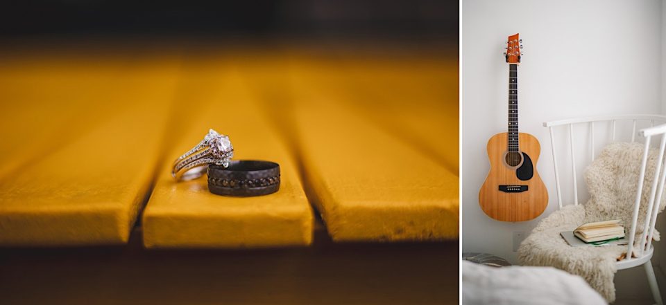 Two-part image: on the left, a close-up of wedding rings from the NYC Wedding on a textured yellow surface; on the right, an acoustic guitar beside a chair with a teddy bear and book.