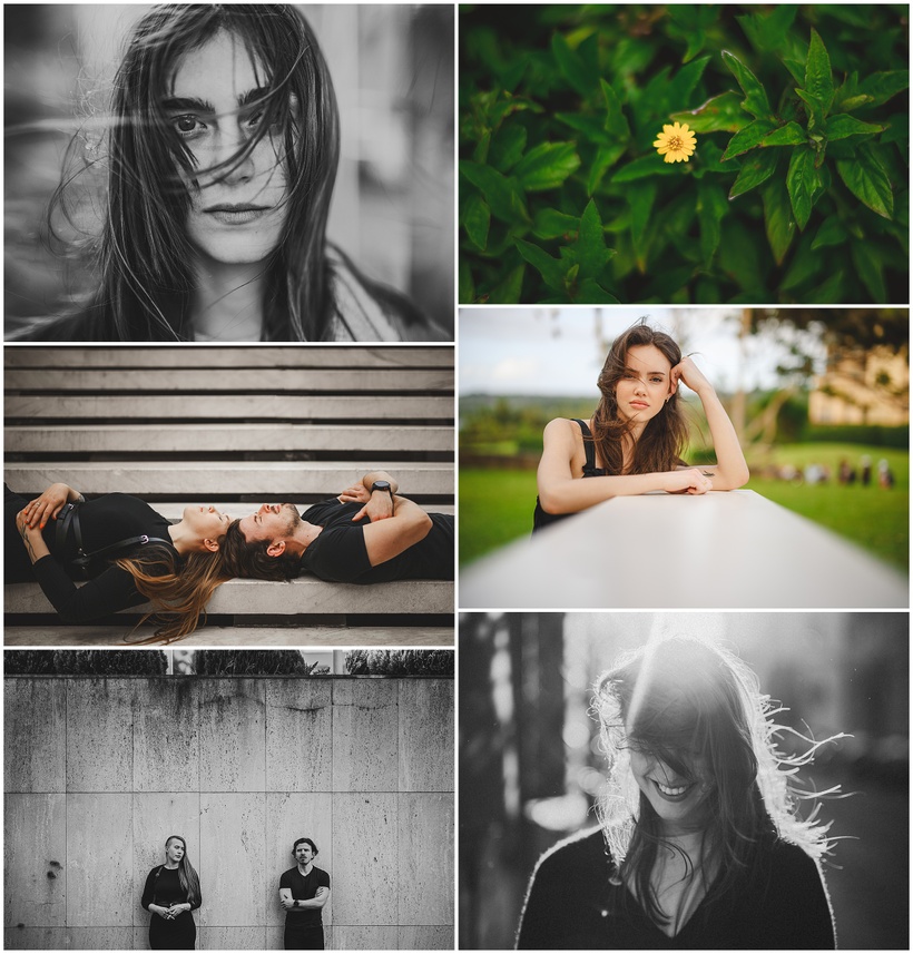 Collage of six images captured for a Nikon Z9 review, featuring women in different settings: a close-up portrait, a lone flower, women lying on stairs, a woman at a table, and women by a concrete wall.