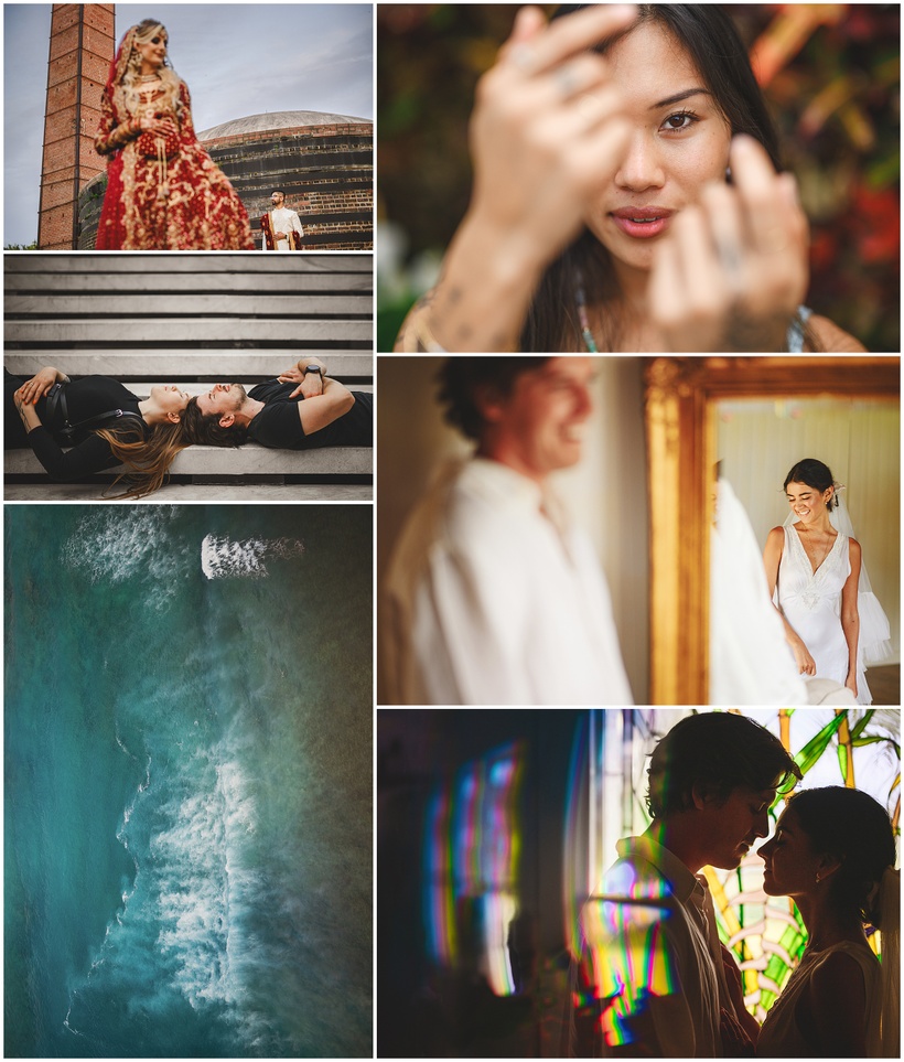 Collage of six diverse images captured for a Nikon Z9 Review: a woman in a floral dress on stairs, a close-up of a woman's face, a woman lying on a sidewalk, a man in a white shirt, an aerial view of waves, and a couple kissing by windows.