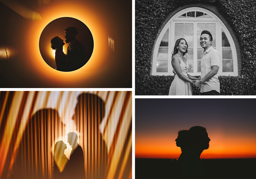 Four different romantic couple portraits: silhouettes in a circular frame captured through a Canon 50 1.2 RF lens, smiling in front of a window, shadow play behind blinds, and a silhouette at sunset.