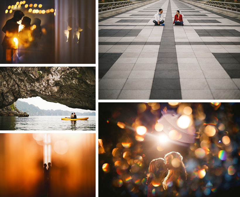 Collage of six diverse photos: couples silhouetted in romantic settings, a person kayaking in a cave reviewed with Canon 50 1.2 RF, and a couple seated in a large tiled area.