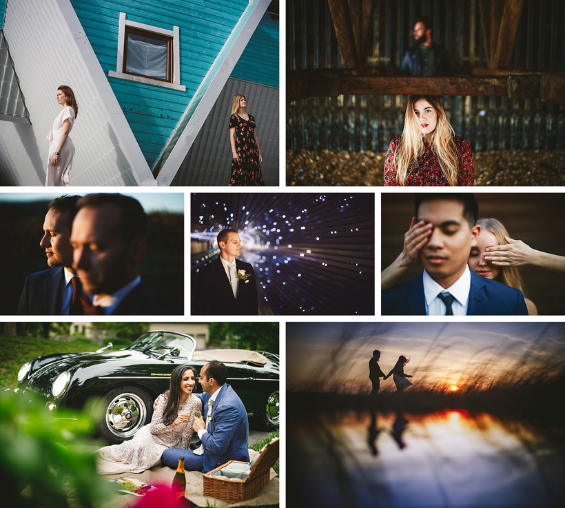 Collage of diverse romantic moments captured with a Canon RF lens, including couples during intimate, celebratory, and reflective scenes in various settings like a barn, under streetlights, and near a classic car.