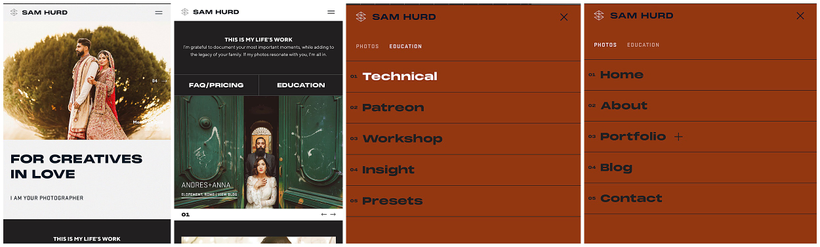 Three screenshots of the "Sam Hurd" website, featuring a photography service for creatives, Auto Draft technical course offerings, and a navigation menu with links to home, about, portfolio, blog, and contact pages.