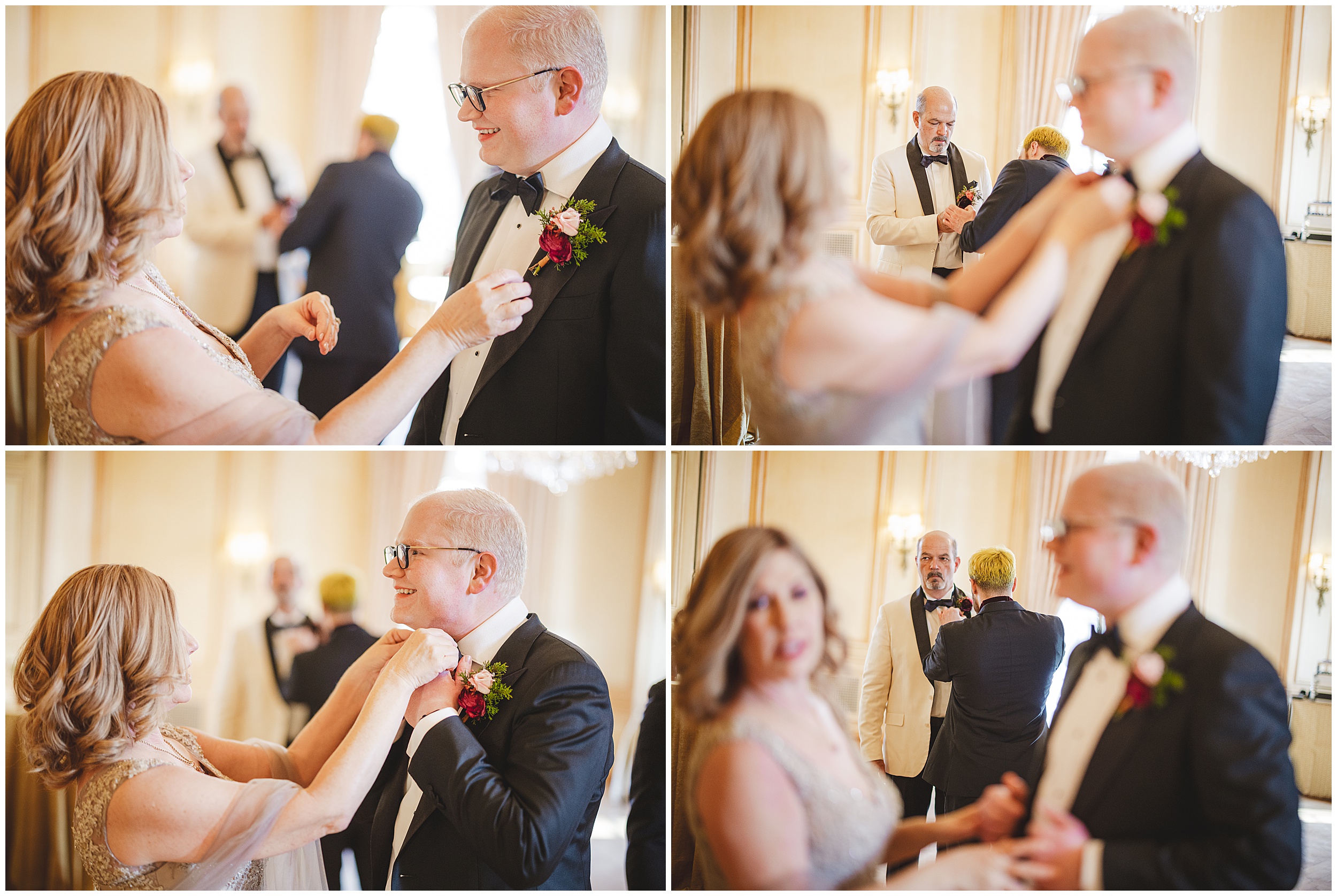 A woman and a man in formal attire are adjusting his boutonniere. In the background, two men, also in formal wear, are conversing. The room is elegant with soft lighting, creating an atmosphere where every detail feels meticulously planned like an auto draft of a perfect evening.