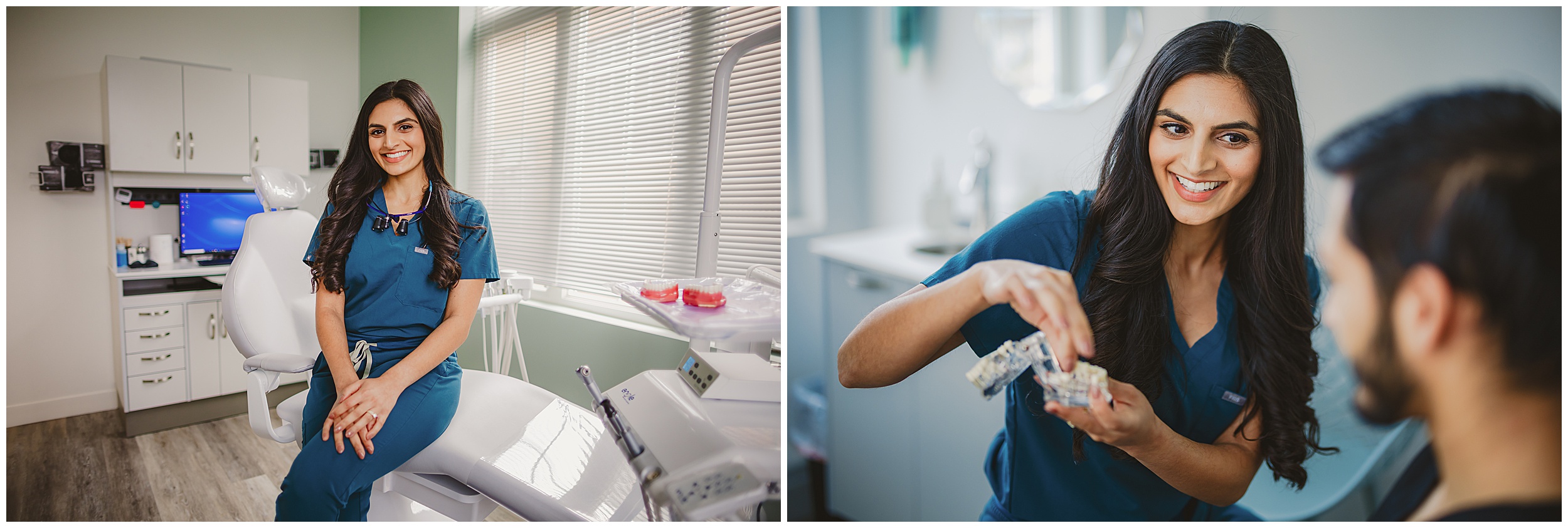 A dental professional in blue scrubs interacts with a patient while showing a dental model. The clinic setup, featuring Auto Draft cabinets and dental equipment, provides a welcoming atmosphere in the background.
