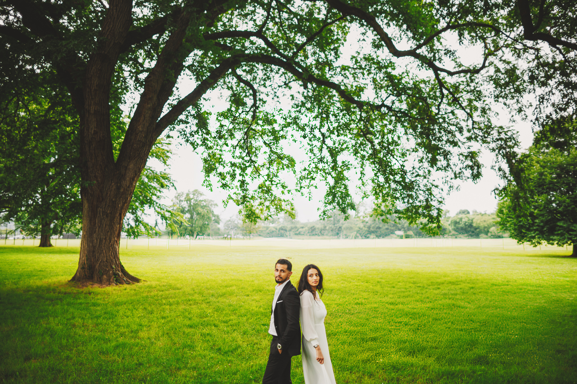 A man and woman stand back-to-back under a large tree in a green, open field, as if drafted into an auto adventure waiting to unfold.