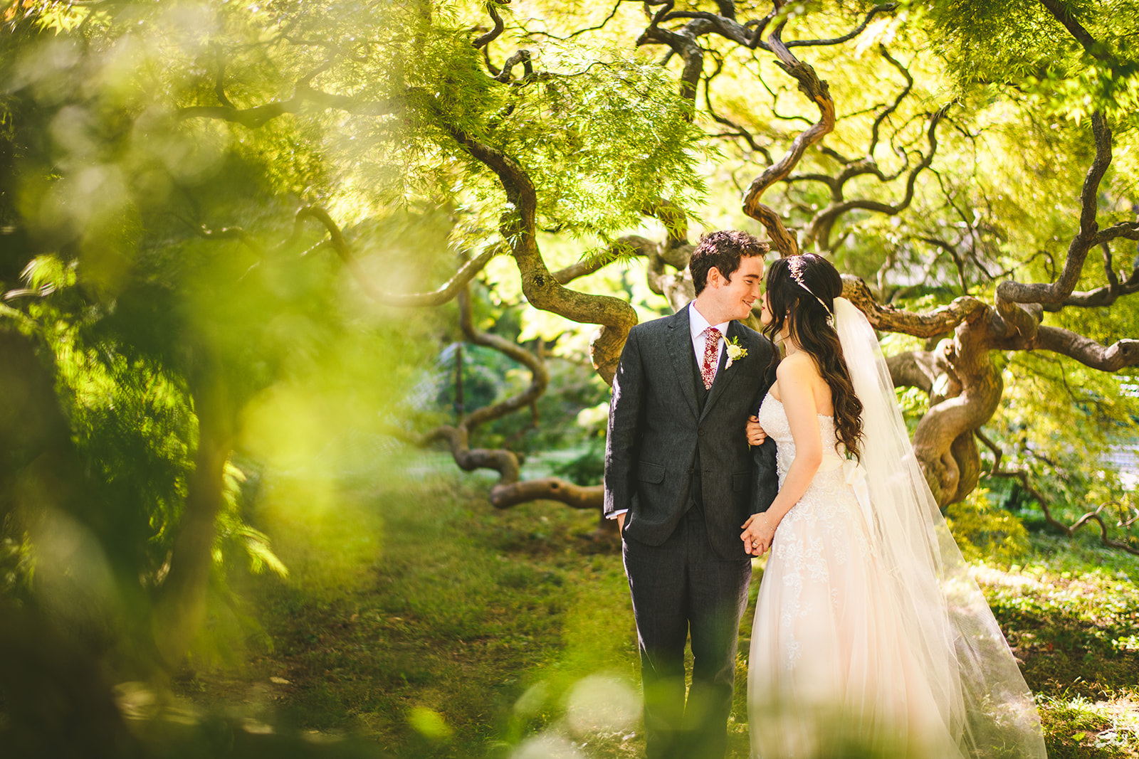 A bride and groom stand close together under a canopy of twisted tree branches, surrounded by lush greenery and dappled sunlight—a perfect scene that feels like it emerged from an auto draft of nature's most beautiful moments.