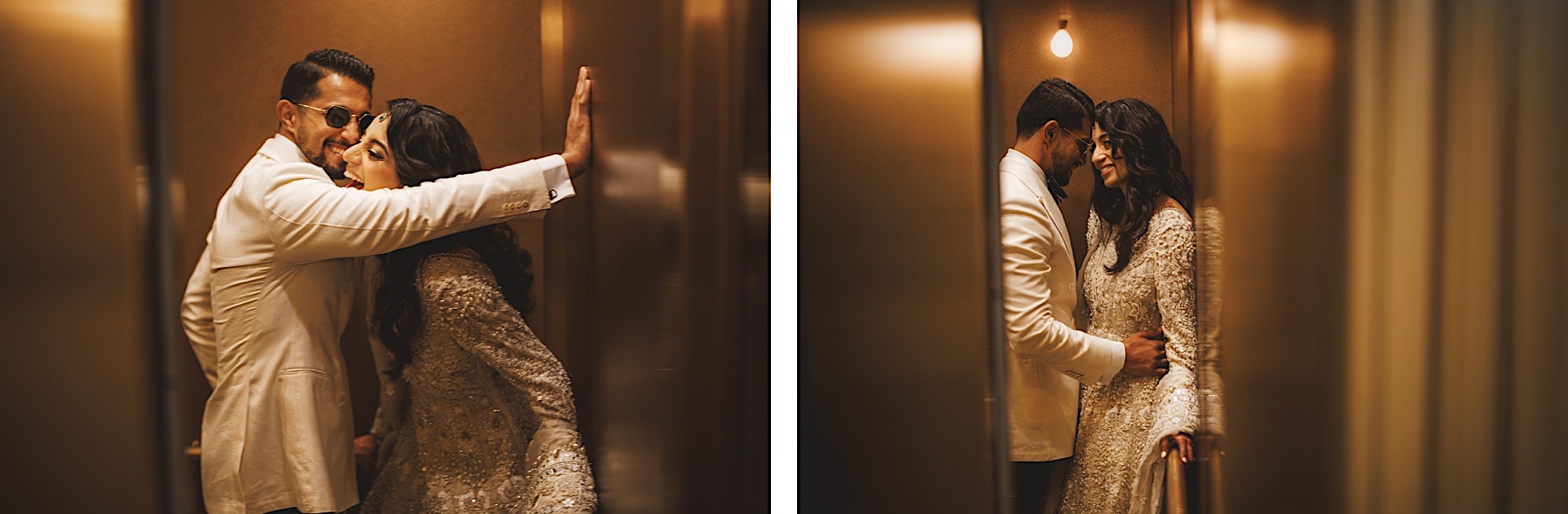 A couple dressed in formal attire embraces intimately in a dimly lit hallway, sharing a close moment with warm expressions, as if orchestrated flawlessly by an auto draft of affection.