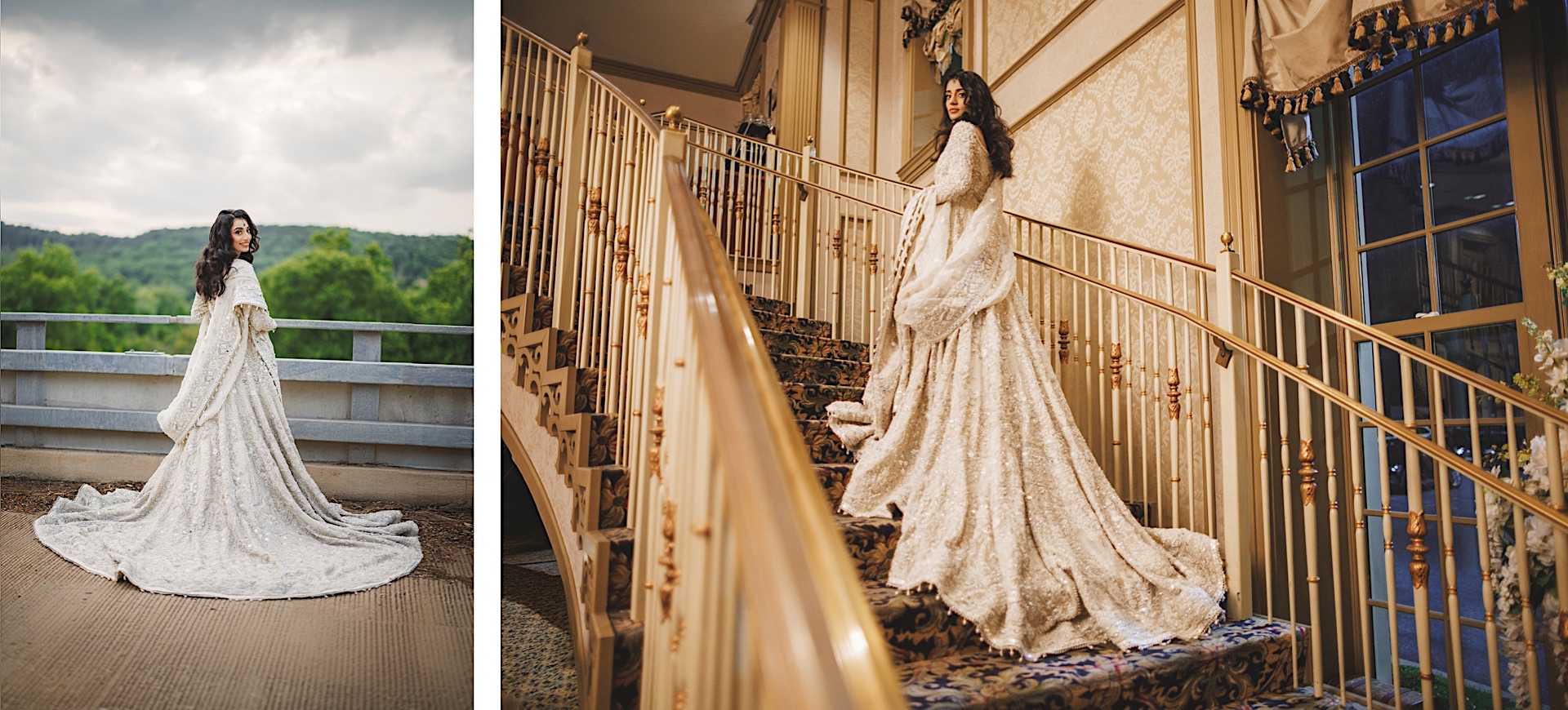 A bride in a long, detailed white gown stands on an outdoor balcony (left) while her auto draft of wedding photos includes a pose on an ornate indoor staircase (right).