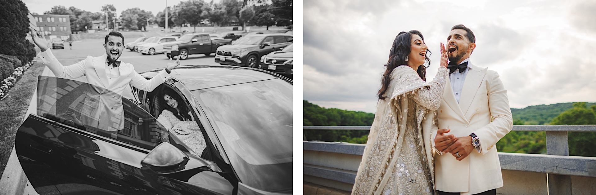 Left: A man in formal attire leans out of a car window with arms wide open, as if embracing life. Right: A couple in formal attire stands outdoors, smiling and looking away, capturing the essence of Auto Draft excellence.