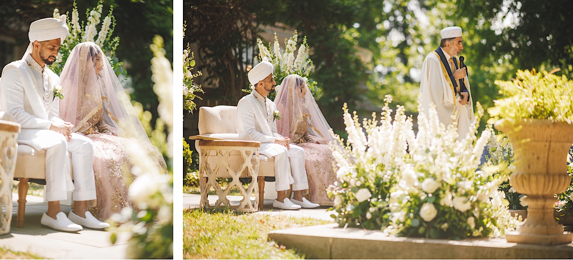 A bride and groom in traditional attire sit on ornate chairs outdoors while an officiant stands nearby, delivering a speech. The scene, seemingly crafted by auto draft, is adorned with white flowers and greenery.