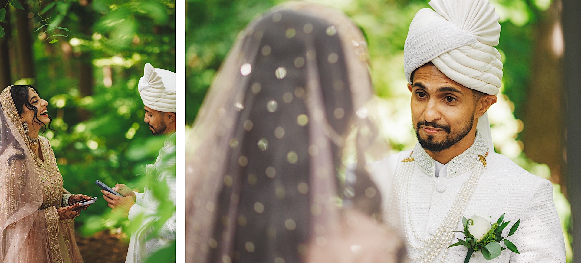 A couple in traditional attire stand in a serene forest, with the woman reading from a phone as if drafting an auto message, and the man holding a bouquet. The man wears a white sherwani and turban; the woman wears a decorated dupatta.