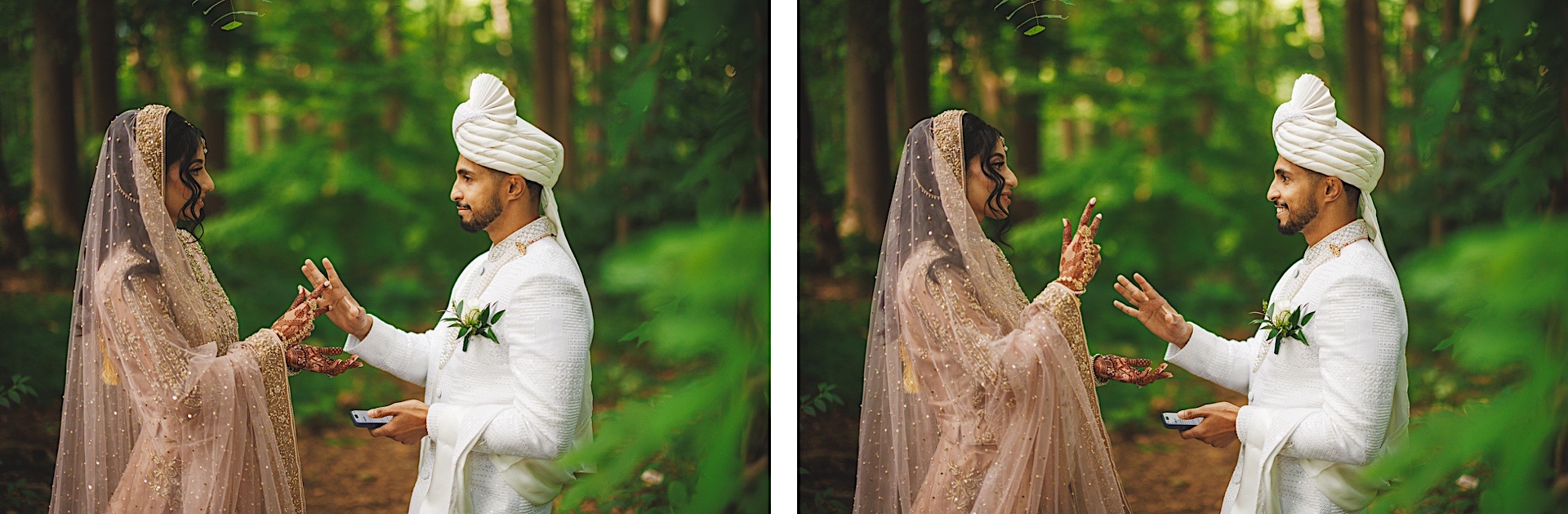 A bride and groom exchange rings during a traditional outdoor wedding ceremony, wearing ornate attire with lush greenery in the background—a picture-perfect moment that seems straight out of an auto draft for a romance novel.