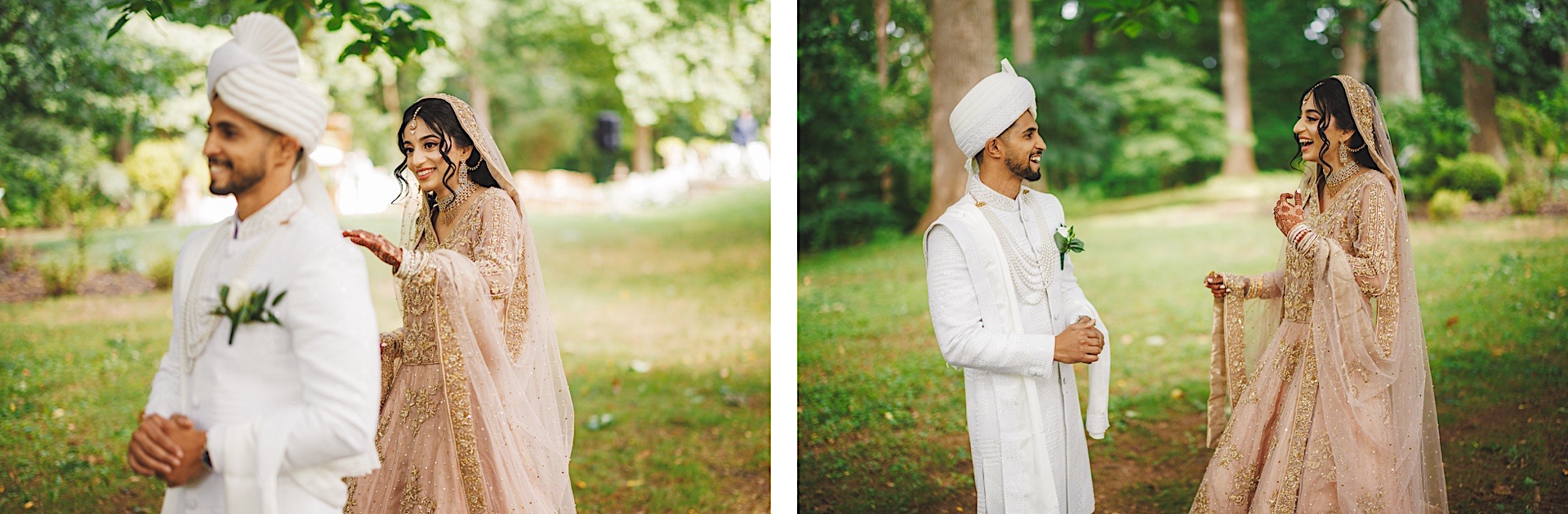 A bride and groom in traditional attire are outdoors. In one image, the bride approaches the groom from behind; in the next, they face each other, both smiling, capturing a candid moment like an auto draft of love's first steps.