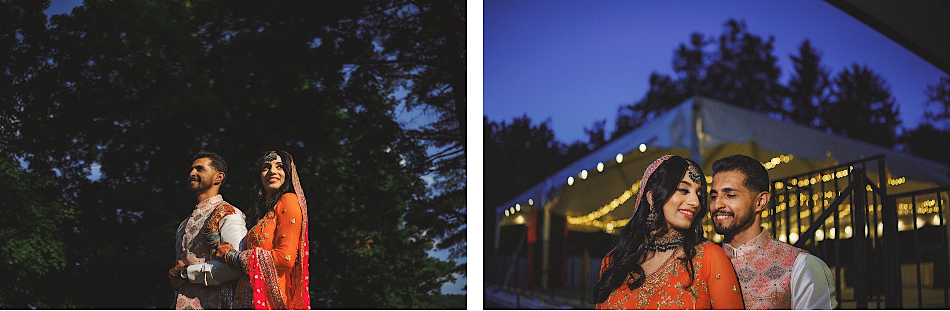 A couple dressed in traditional attire embrace outdoors in two photos: one set against a dark, leafy backdrop and the other in front of an illuminated tent during dusk, capturing moments as stunning as if they were straight out of an auto draft.