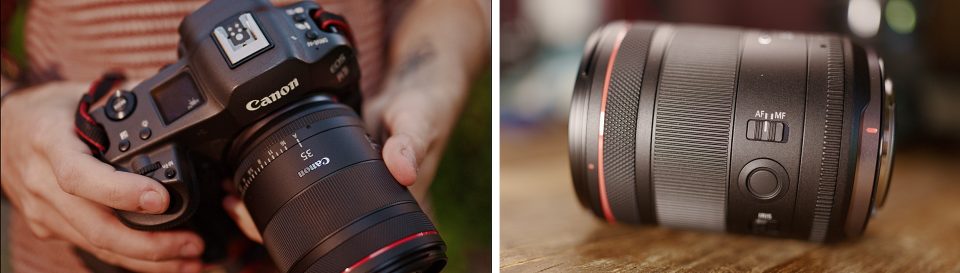 A person holding a Canon camera with a 35mm lens on the left and a close-up of a Canon RF 50mm lens on the right, both set on a wooden surface, perfect for those diving into the Canon 35 1.4 VCM lens review.
