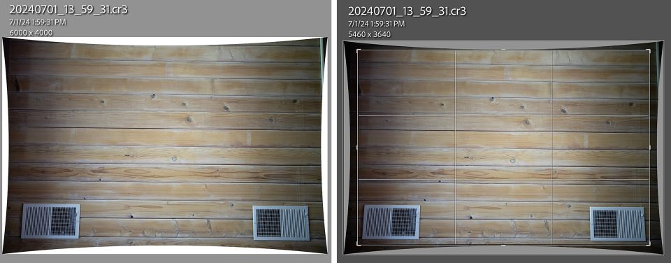 Comparison of two images labeled with timestamps, showing a wooden plank wall with a ventilation vent and outlet. The left image, taken using a Canon 35 1.4 VCM lens, has a resolution of 6000x4000, while the right image has a resolution of 5460x3640.