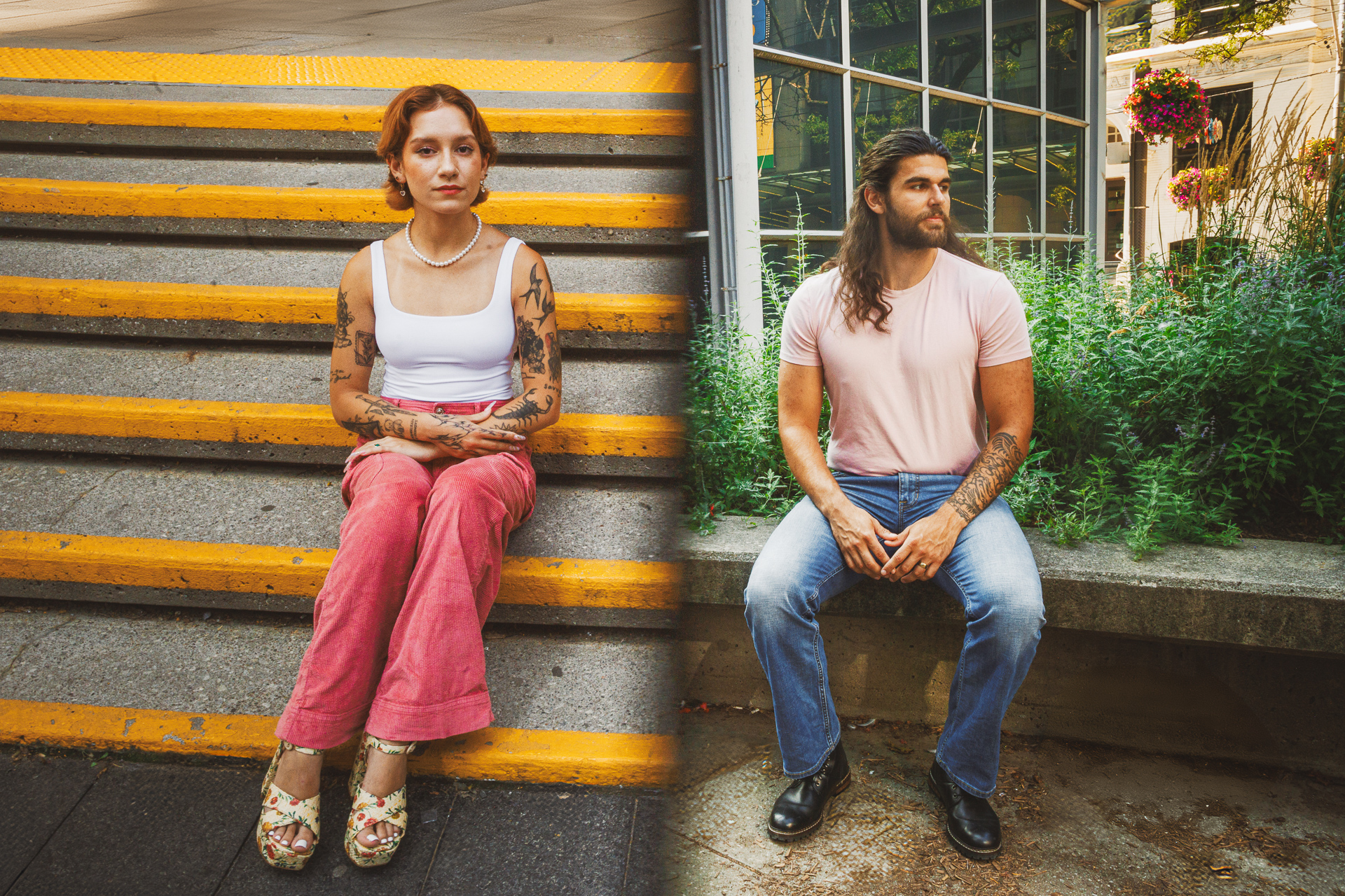 A woman with tattoos sits on stairs with yellow stripes, while a man with long hair and tattoos, reminiscent of an auto draft come to life, perches on a concrete ledge surrounded by greenery. Both wear casual outfits and look in different directions.