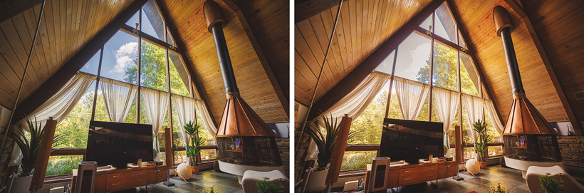 A-frame cabin interior with large triangular windows, curtains, a large television, and plants. A copper fireplace is mounted on the wall under the high wooden ceiling, demonstrating real-world use as featured in the Canon R5 Mark II review with stunning 17k images.