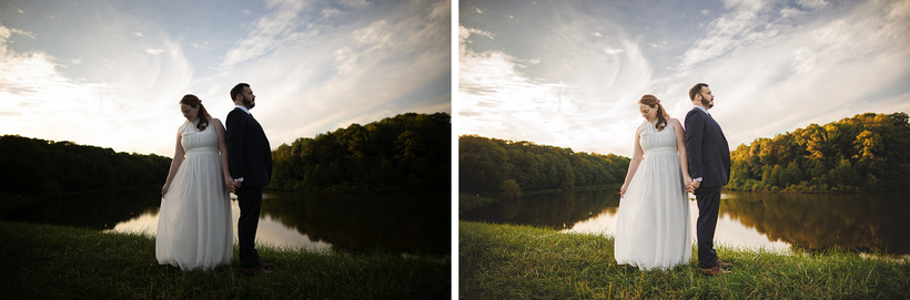 A bride and groom stand hand-in-hand beside a lake with a forested backdrop during sunset, while gazing in opposite directions. Captured with the Canon R5 Mark II, this scene showcases the camera's real-world use in beautifully rendering romantic moments.