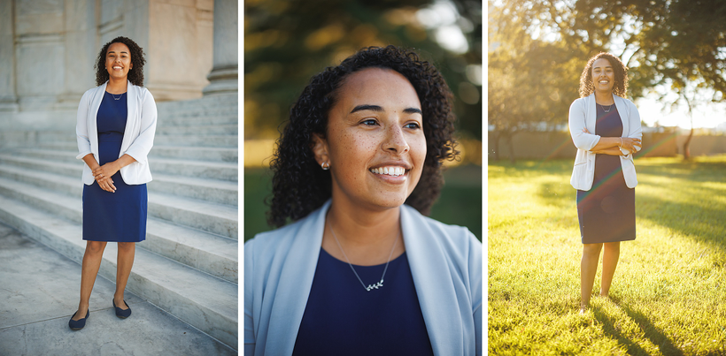 A woman with curly hair wearing a blue dress and white blazer is seen standing outdoors in three different poses: in front of steps, a close-up, and on grass with sunlight, capturing the essence of real-world use as highlighted in our Canon R5 Mark II review.
