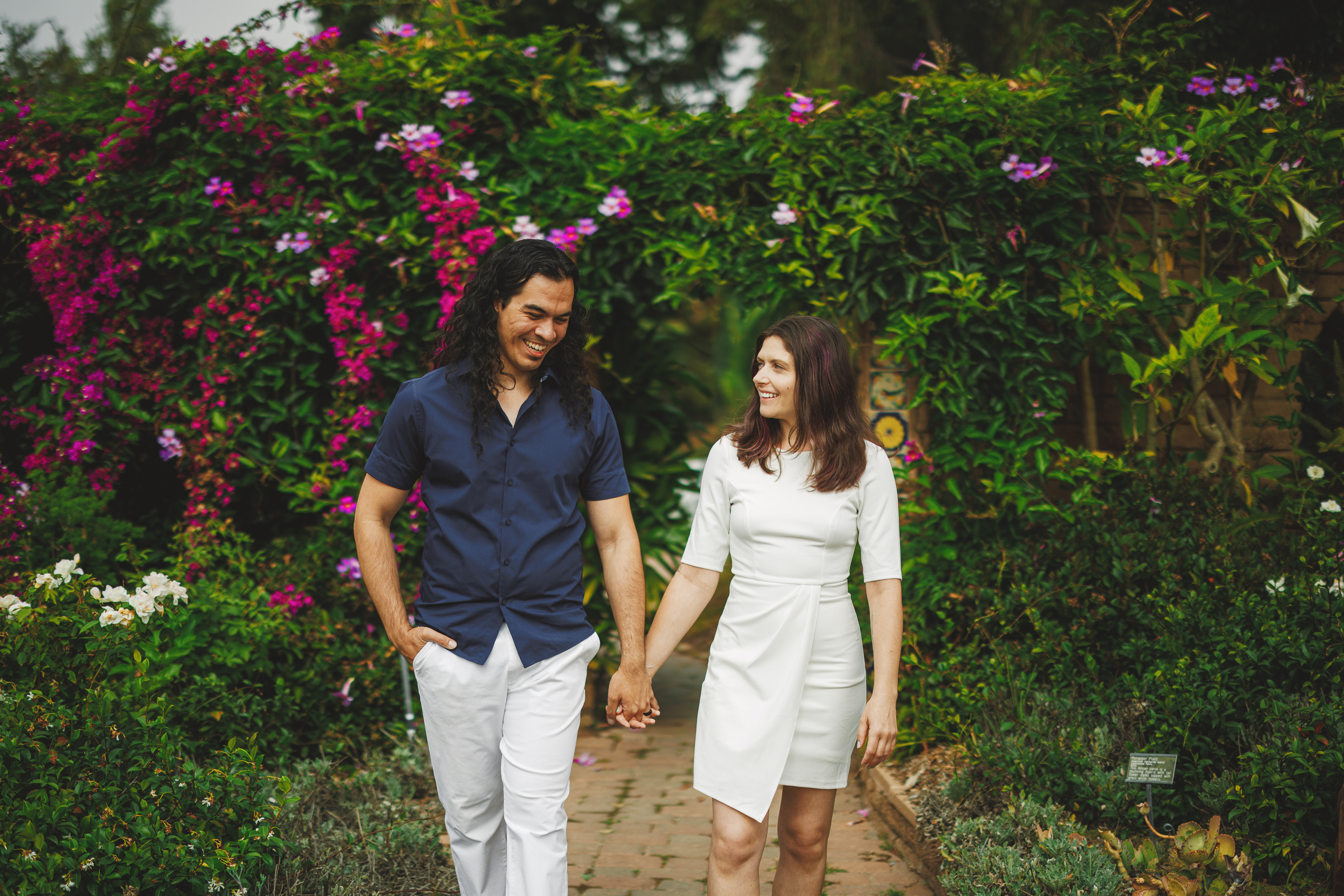 A man and woman holding hands and smiling, walking on a garden path with vibrant purple flowers and green foliage in the background.