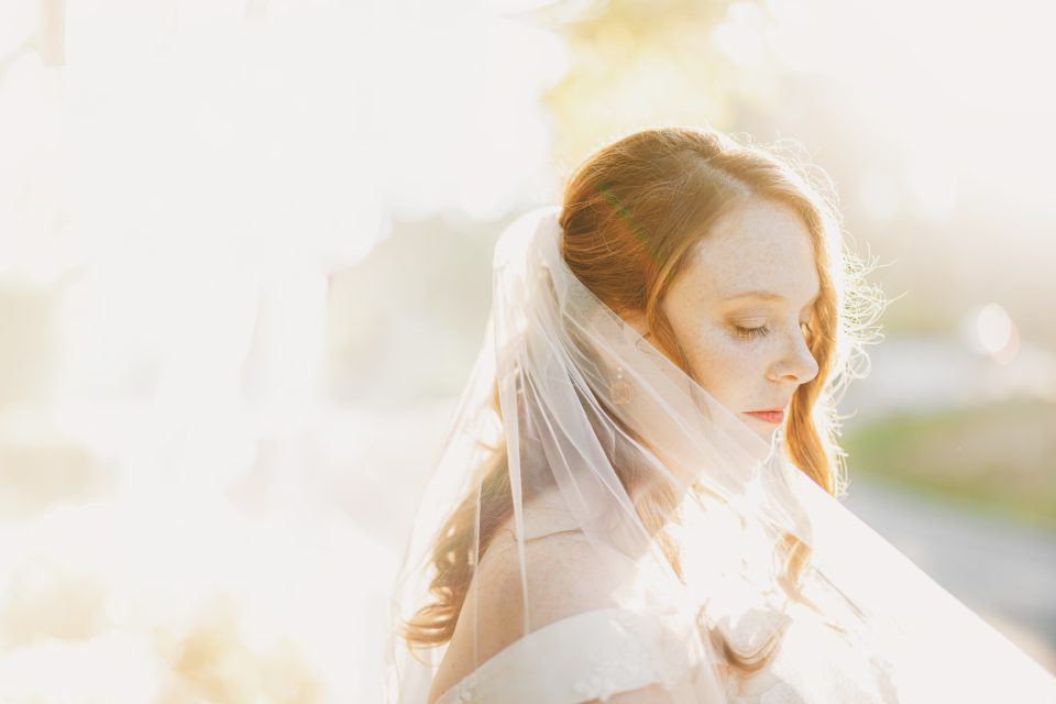 Bride in sunlight with veil draped over hair, looking down, wearing an off-the-shoulder dress.