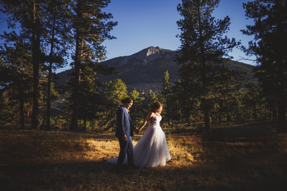 A couple in formal attire walks through a sunlit forest clearing, with a mountainous backdrop.