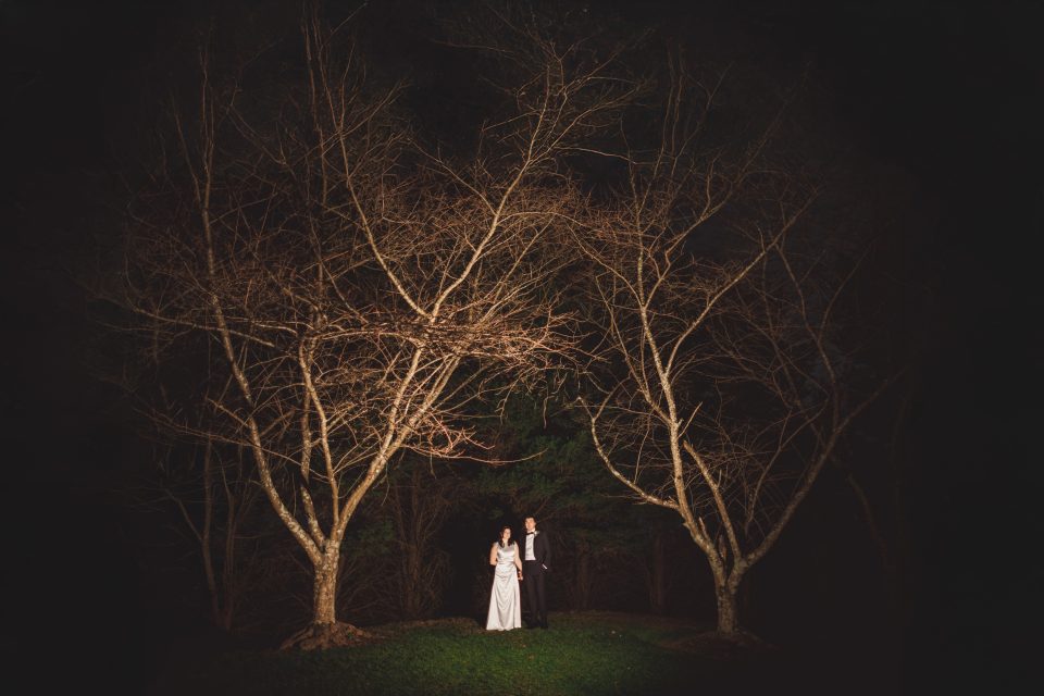 Bride and groom stand under two leafless trees at night, with focused lighting illuminating them against a dark background.