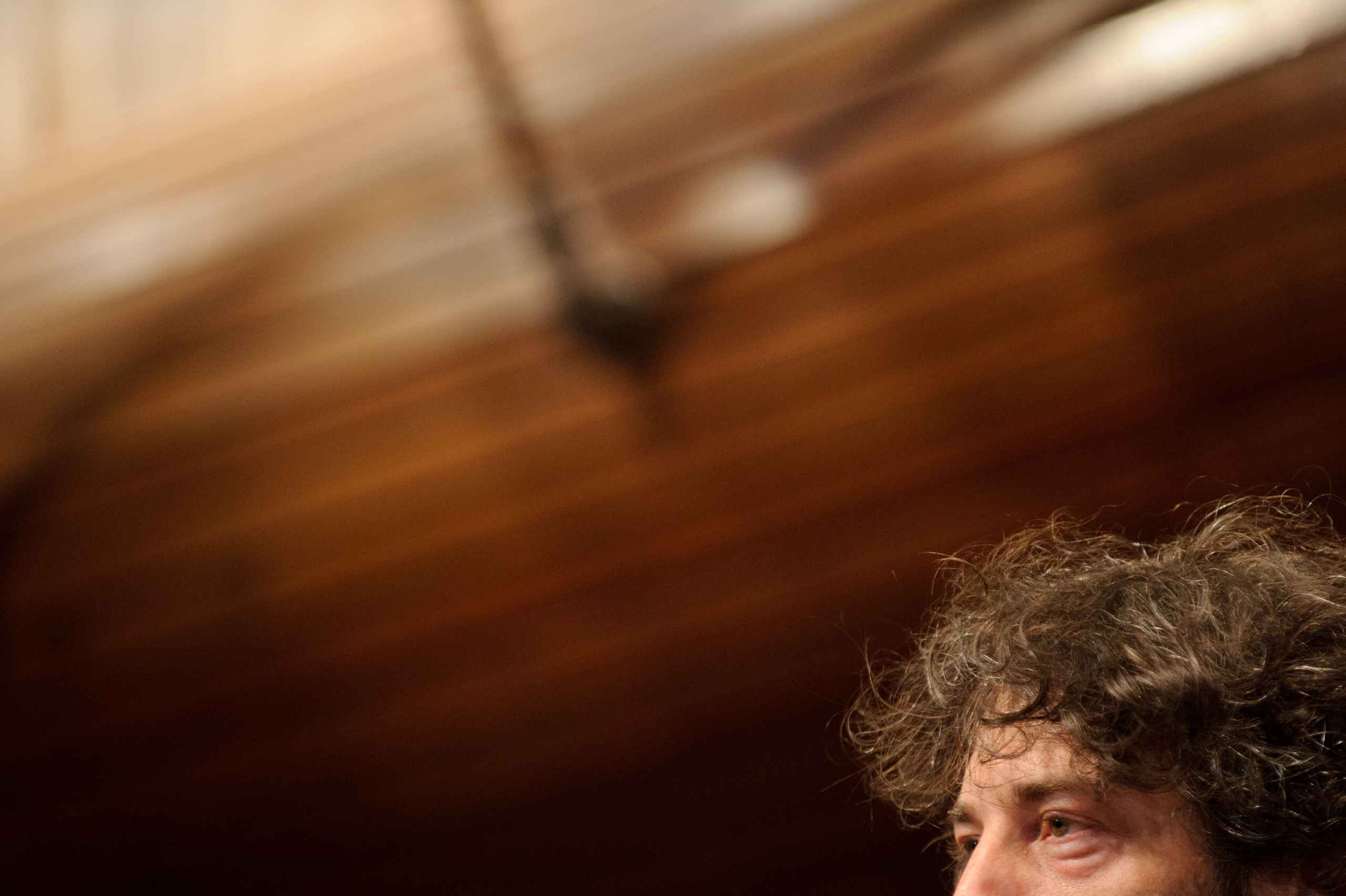 A person with curly brown hair is partially visible in the lower right corner, with a blurred wooden ceiling and hanging light fixture in the background.